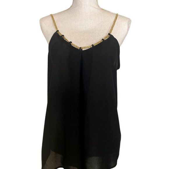 EUC Guess Black Gold Chain Strap Black Slinky Camisole Top - Picture 1 of 11
